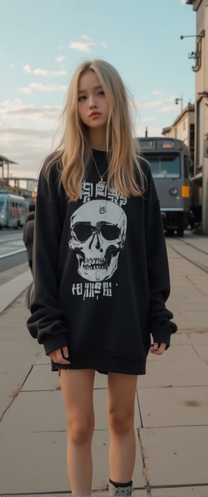 a young woman stands on a sidewalk, her long-haired blonde hair cascades over her shoulders. She is wearing a black long-sleeved sweatshirt with a white skull printed on the front, along with the words "NO BLUE AND WHITE" in white letters. She's wearing a silver necklace with a pendant hanging from it, adding a pop of color to her outfit. Her boots are gray with black laces. The backdrop, a gray and yellow train car is parked on the side of the sidewalk, and a beige building can be seen on the right. The sky is a light blue, with a few wispy clouds.