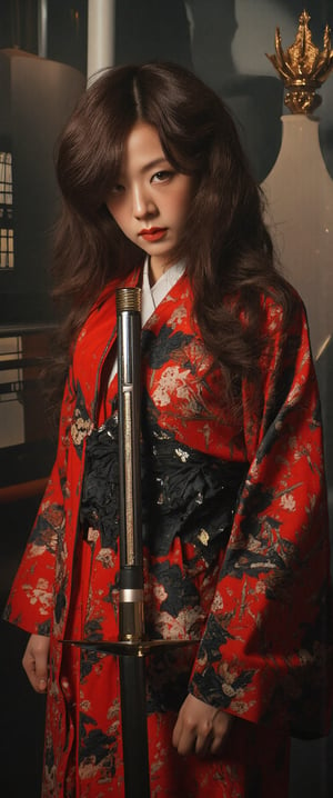 A cinematic still: a lone woman, dressed in traditional Japanese attire, stands confidently with a crimson-lipped gaze directed at the viewer. Framed by a blurred background, her striking figure dominates the composition. Chestnut-brown hair cascades down her back like a waterfall, while piercing brown eyes seem to bore into the soul. In her right hand, she holds a majestic katana, its blade glinting in dramatic cinematic lighting that casts shadows across her face. A floral print kimono billows around her legs, exuding an air of poised intensity as if ready to charge into battle., ct-jissoo