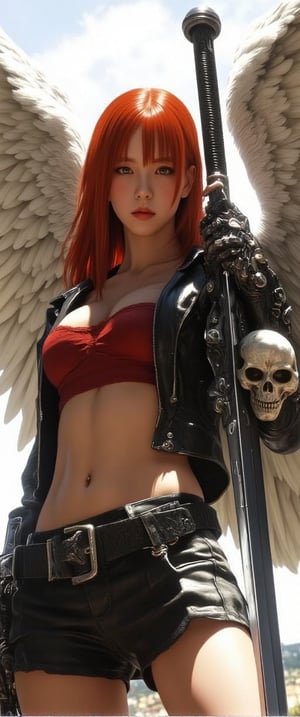 A red-haired warrior angel with large, white feathered wings, standing confidently with a solemn expression. She wears a short, black leather jacket, a red bikini top revealing her defined abdomen, and black leather shorts secured by belts and buckles. Her left arm is a highly detailed mechanical prosthetic, incorporating a skull design, while she holds a massive, heavy sword in her right hand. Her skin is lightly glowing under the sunlight, highlighting her toned body. Her wings cast a soft shadow, giving a celestial yet fierce appearance. The medieval fantasy scene is set against a clear, bright sky, with realistic lighting and shadow play, blending angelic and cybernetic elements in a strikingly detailed and gritty style.,ct-blodolx,ct-vero13,ct-bustyy2,ct-vituajis