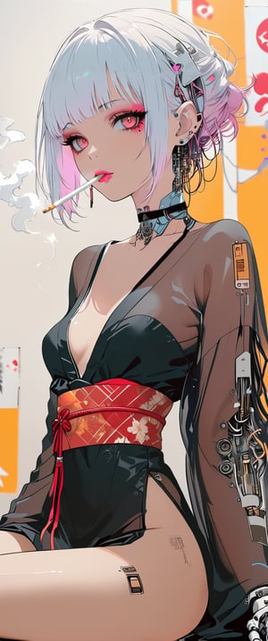 (by Carne Griffiths, Conrad Roset), 1girl,cyborg,android,mechanical, mechanical parts, mechanical joints, solo, sitting in a cyberpunk club,looking at viewer, short hair, bangs, , jewelry,, white hair, earrings, japanese seethrow clothes, , choker,  seethrow kimono,pleasure android, black choker, cyberpunk, smoke, cigarette, plastic kimono,sexy, smoking, egasumi m3,Dark Manga of,Dark Anime of,anime,see-through kimono,schpicy style