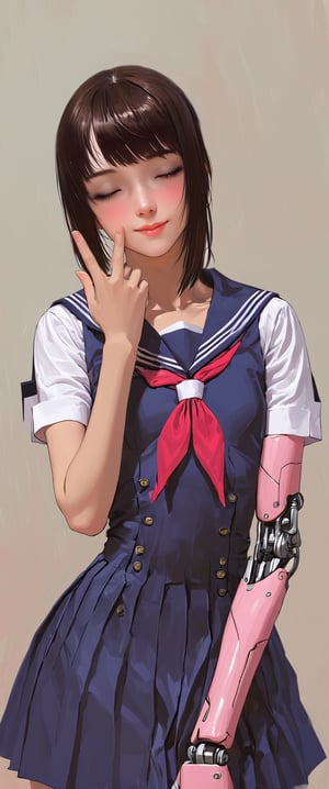 A solo girl with short, brown hair and bangs looks directly at the viewer with a subtle smile. Her brown eyes are closed, but her facial expression hints at a sense of joy. She wears a serafuku school uniform with short sleeves, showcasing her sailor collar and neckerchief adorned with a bold red color. In contrast to her human appearance, mechanical parts are visible, hinting at an android's damaged state. Her hand is raised, as if about to gesture or communicate, all set against a pure white background. (mechanical parts, mechanical joints, android, cyborg)