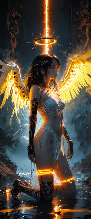  1girl, solo, long hair, kneeling,fallen angel, semi nude, wings, fog , mist, water, halo, angel wings, circle neon light, angel, yellow theme, yellow neon light, chest bandage, ,neon text "HELL"", mechanical parts, mechanical joints,ct-virtual