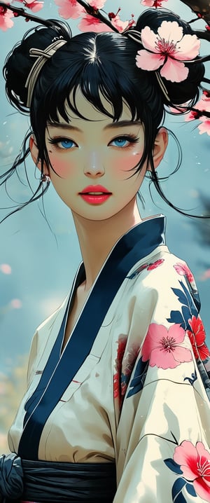Cyborg girl stands solo outdoors, gazing directly at the viewer with a hint of blush on her cheeks. Her short, black hair is styled in a sleek hair ornament-adorned bun, with parted bangs framing her blue eyes. She wears a long-sleeved kimono with wide sleeves and a floral print sash tied around her waist. A single pink flower adorns her obi, and she holds a sheathed katana sword at her side. In the blurred background, cherry blossoms bloom beneath a towering tree, while her lips remain closed in a subtle smile.,Dark Manga of,dal-1,anime,ct-jeniiii