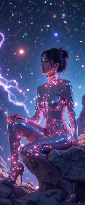 a close-up upper body of a cosmic beauty with asymmetrical hair, with luminescent hair and reflective clothing, in a dark, mystical background with shimmering light patterns accentuating her form.Soft, diffused lighting that highlights the glow in her hair.Cosmic particles illuminated by soft light swirls around her.Color-shifting light that transitions between purple, blue, and white around her.A glossy, high-tech fabric that reflects both the light and shadows around her.Semi-transparent glowing threads weaved throughout the outfit.Detailed cosmic embroidery that catches the light and glows softly.Sitting on a floating rock, legs crossed, one hand resting on her lap, as she gazes at the stars.
,ct-euntity