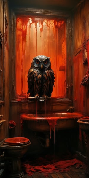 a tormented  ghost taking a bath in the washroom, and an owl watching him through the window in a dark, atmospheric setting,falconry . chiarosaur, element of terror. Dark and moody, with hints of red to emphasize the presence of blood. By renowned artists such as H.R. Giger, Zdzisław Beksiński, and Brom. Resolution: 4k.,sooyaaa,aw0k euphoric style,detailmaster2,DonMn1ghtm4reXL,xxmixgirl,FilmGirl,ghost,transparent,xxmix_girl,rosy