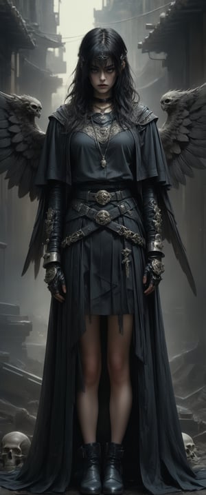 breathtaking ethereal RAW photo of female (1girl, solo, long hair, looking at viewer, bangs, skirt, black hair, long sleeves, dress, holding, jewelry, closed mouth, standing, weapon, outdoors, mechanical wings, horns, belt, sword, blunt bangs, black skirt, necklace, cape, holding weapon, black eyes, black dress, holding sword, cloak, black wings, pouch, black cape, belt pouch, black capelet


 )), dark and moody style, perfect face, outstretched perfect hands . masterpiece, professional, award-winning, intricate details, ultra high detailed, 64k, dramatic light, volumetric light, dynamic lighting, Epic, splash art .. ), by james jean $, roby dwi antono $, ross tran $. francis bacon $, michal mraz $, adrian ghenie $, petra cortright $, gerhard richter $, takato yamamoto $, ashley wood, tense atmospheric, , , , sooyaaa,IMGFIX,Comic Book-Style,Movie Aesthetic,action shot,photo r3al,bad quality image,oil painting, cinematic moviemaker style,Japan Vibes,H effect,koh_yunjung ,koh_yunjung,kwon-nara,sooyaaa,colorful,bones,skulls,armor,han-hyoju-xl
,DonMn1ghtm4reXL, ct-fujiii,ct-jeniiii, ct-goeuun,mad-cyberspace,FuturEvoLab-mecha,cinematic_grain_of_film,a frame of a animated film of,score_9,3D,style akirafilm, ct-eujiiin