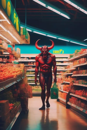  a demon doing the last shopping in the supermarket,. dark tense and unsettling atmosphere.walmart,.,, reflections, , groceries,fear,  By renowned artists such as ,, Francis Bacon, . Resolution: 4k.,,aw0k euphoric style