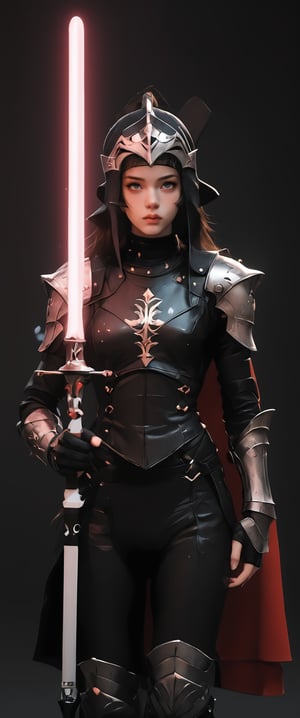 solo, 1girl, holding, standing, weapon, female focus, sword, cape, holding weapon, armor, glowing, holding sword, helmet, cross, shoulder armor, gauntlets, 1other, pauldrons, breastplate, knight, full armor, ambiguous gender, energy sword, lightsaber