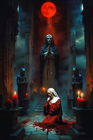 A dying depiction of a menacing cult nun in a dark, atmospheric setting, at the cult altar  bathed in moonlight, waiting to collect tormented souls, with blood dripping from their hands. chiarosaur, element of terror. Dark and moody, with hints of red to emphasize the presence of blood. By renowned artists such as H.R. Giger, Zdzisław Beksiński, and Brom. Resolution: 4k.,,aw0k euphoric style,detailmaster2,DonMn1ghtm4reXL,sooyaaa,roses_are_rosie,dlwlrma