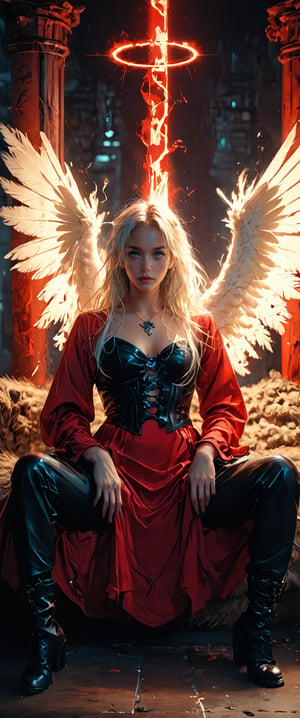 1girl, solo, long hair, looking at viewer, blue eyes, long sleeves, dress, holding, sitting,on_couch,spread legs, pelvis curtain, full body, white hair, pantyhose, boots, wings, , black footwear, red dress, grey eyes, ,  glowing halo,  glowing feathered wings, corset, angel wings, angel, pillar, huge katana, planted katana, glowing katana, indoors,luminiscent, glowing in the dark, glowing halo, neon wings, ciberpunk, cyberpunk envoirement, neon lights, neon ads