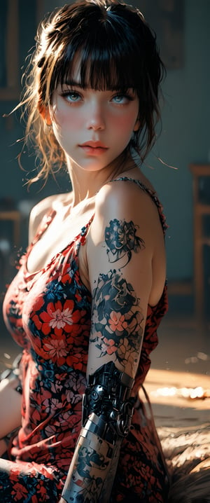 1girl, solo, breasts, looking at viewer, short hair, bangs, black hair, sitting, parted lips, indoors, blunt bangs, lips, tattoo, floral print, from below, realistic, android, joints, robot joints, prosthetic leg