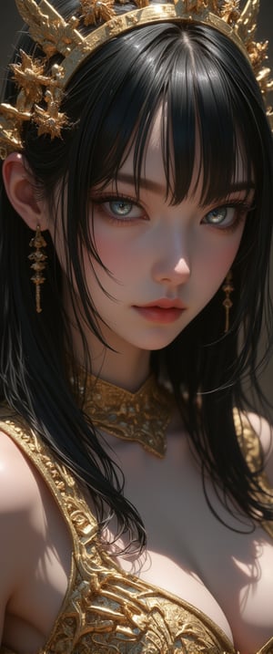 This image is a digital drawing in a highly detailed, realistic anime style. The subject is a young woman with a slender, athletic build and fair skin, likely of East Asian descent. She has long, dark hair cascading down her back and piercing blue eyes with a serious, slightly melancholic expression. She is adorned with a golden crown adorned with small, glowing stars, suggesting a regal or fantastical theme.fit girl, mid shoot