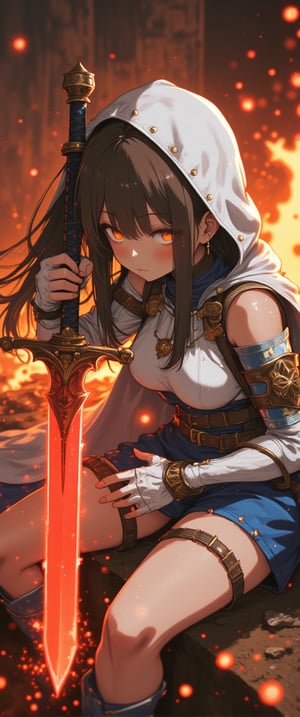 Warrior's Vigilance: A dynamic scene featuring a female warrior with flowing black hair, donning a white helmet and blue-white armor, gripping a fiery red sword in both hands. Her left leg is flexed at the elbow, while her right leg rests on the ground. The sword's crimson blade gleams before her, as she holds it steady, her right hand positioned near her temple, and her left hand resting against her right arm. A burst of flames crackles behind her, set against a darkened backdrop, .,n30nfilm