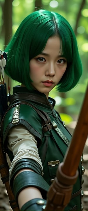 A behind-the-shot perspective captures a female adventurer standing in a lush, verdant forest. Her lightweight leather costume, adorned with supple texture and movement-friendly design, showcases metallic decorations on shoulders and elbows that glimmer in the light. A dark green vest cinches around her upper body, while a quiver attached to her back holds arrows at the ready. Bright green hair, styled in a short bob, frames her face as she grips her ancient wooden bow with intricate carvings, the engraved surface reflecting her focus. The camera's vantage point immerses the viewer in the serene atmosphere, where the surrounding forest's deep greens harmonize with the adventurer's attire.,ct-bibity,ct-vituajis