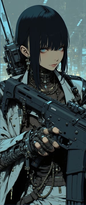 A Luminogram of an Comic book style of cybernetic female, holding tactical assault rifle, tattoo, full body, porcelain face, intricate details, 2d, detailed action background, an android young woman with black fauxhawk haircut in a mind-reading device creates controversy, science fiction western, a virtual reality game with real-life consequences, a cyberpunk cartoon, The art style is sleek and polished, with clean, precise lines that contrast with the gritty world it portrays, it has a semi-realistic style, Each detail is sharp, from the smooth, reflective surfaces of cybernetic limbs to the crisp outlines. The overall look is refined, capturing a high-tech elegance amidst the dystopian backdrop, where every elementâfrom intricate machinery to flowing organic formsâis meticulously rendered with a sense of precision and understated sophistication. great care is taken to depict the young woman to have anatomically correct arms and hands,.,ct-skyzo2