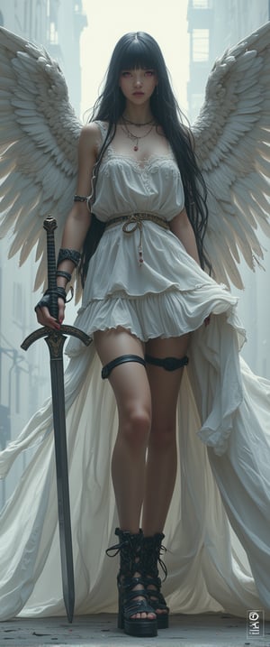 A majestic warrior maiden stands majestically in a photorealistic shot on a Canon EOS R6. Her long, black hair cascades down her pale skin as she gazes directly at the viewer with piercing red eyes. A pair of earrings adorns her neck, and she wears a stunning pleated skirt with a thigh strap and high-heeled platform sandals. In one hand, she holds a sword while her other hand cradles a white dress that appears to be glowing in the cinematic lighting. Her bangs are blunt and frame her face as she wears a frilled dress with angel wings spread wide, evoking a sense of ethereal power. The background features a misty cloud with a building silhouette, creating a dreamlike atmosphere. On her bare shoulders, she sports a pair of black gloves with a subtle halo surrounding her head. A pair of red nails adds a pop of color to her overall design, complete with the CTMAKER logo badge,ct-virtual,style of Helen Allingham