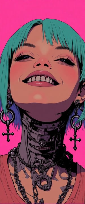 A futuristic young woman with an edgy, cyberpunk vibe gazes with a wide smile. Her face is adorned with a blend of human and robotic elements — her mouth revealing metallic teeth and mechanical components along her jawline and neck. Piercings and silver chains add to her alternative style, and large cross-shaped earrings dangle from her ears. Her tattooed neck merges into a metallic, cyborg-like structure, while her bright teal hair contrasts with the neon-pink background. .,ct-colority

