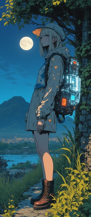 a medium-sized anime girl stands in front of a window(night). She is wearing a light-colored dress, adorned with a floral pattern, and a pair of brown boots with laces on them. Her hair is short, cascades over her shoulders, adding a touch of warmth to the scene. The girl's dress is adorned with small orange stars and a blue shirt with a white design on it, she is wearing a luminiscent and transparent cristal backpack,glowing. She stands on a concrete sidewalk, her left leg is crossed, and her right leg is slightly bent at the elbow. Her left foot is crossed at the knee, while her right foot is straight at the bottom. The backdrop is a vast expanse of grass, with a mountain in the distance. The sky is a deep blue, and the moon is setting, creating a soft glow.,dystopian