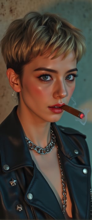 portrait photo of a rebellious, edgy woman with short, tousled hair with blonde highlights. striking blue eyes with dramatic makeup that gives her a bold, defiant look, wearing a black leather jacket with metal spikes, and chunky silver chains around her neck, she is smoking a cigar, smoke curling around her face, enhancing the gritty, intense atmosphere. The background is simple and slightly worn, distressed wall, (red glowing cigar end)  
