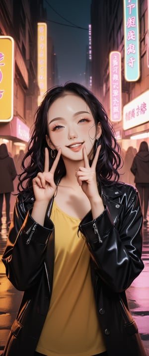 In a vibrant, neon-lit cityscape, a young woman with long, wavy hair and a mischievous grin, stands confidently amidst the urban night. She wears a black vinyl jacket, adorned with chunky chains and a collar of tiny tachuelas. Her white headband is tied around her forehead, holding back her wet locks. A DRONE 26K inscribed yellow tank top clings to her toned physique.

As she proudly holds up her hand in a V sign near her face, two purple hearts are painted on her cheeks, matching the playful tone of her outstretched tongue. Her large, rounded pink earrings bounce with each subtle movement.

The city's towering skyscrapers and bustling streets provide a futuristic backdrop, with neon lights reflecting off the wet pavement. The atmosphere is electric, capturing the carefree essence of this rebellious cyberpunk heroine, standing tall and unapologetic in her freedom and joy.