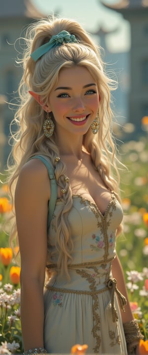 A smiling elf woman in the garden of a castle in another world. She is mid-chested and has long golden hair tied into a ponytail with a light blue ribbon tied at the end of her hair. The camera captures her entire body, and the background is blurred, showing the colorful flowers in soft hues. She is wearing an elegant dress with fine floral embroidery and a fluttery skirt. Large jewel earrings sparkle in her ears, and small golden flowers adorn her hair. In her hand was a small book, the pages waving in the wind. ,
