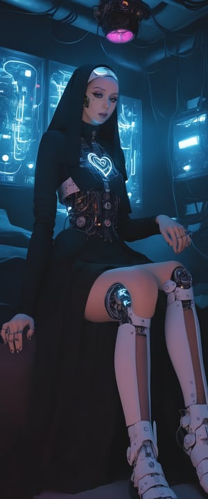 
 In a dimly lit, smoky cyberpunk club, a femme fatale cyborg nun sits solo A  cyborg nun girl (mechanical parts, mechanical joints) poses seductively sitting , spread legs in a smoky cyberpunk nightclub, . She forms a delicate heart shape around her middle finger, beckoning for connection as the foggy atmosphere and pulsating beats create an air of mystery. The dimly lit room's anime-inspired aesthetic shines through every detail, including the pulsing 'CTMAKER' neon lights framing her enigmatic face.
,ct-virtual