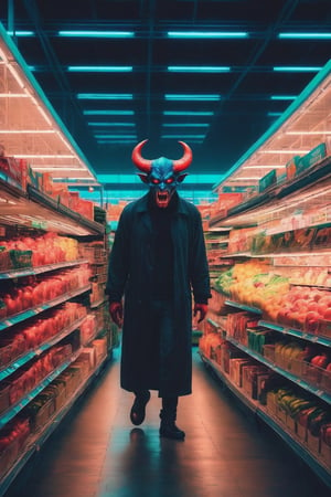  a demon doing the last shopping in the supermarket,. dark tense and unsettling atmosphere.walmart,.,, reflections, , groceries,fear,  By renowned artists such as ,, Francis Bacon, . Resolution: 4k.,,aw0k euphoric style