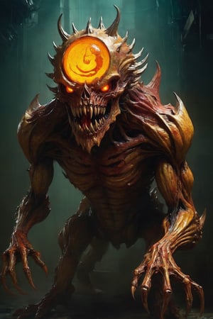  a biomechanical pumking monster creature . Its body combines twisted metal with pulsating flesh. .  grotesque face , with metallic jaws, glowing eyes, and rows of sharp teeth. dark tense and unsettling atmosphere.Dragging itself and reaching out its claw towards the observer.office, cap, reflections, full bodyblood,fear,  By renowned artists such as ,, Francis Bacon, . Resolution: 4k.,,aw0k euphoric style,HellAI,monster,JPO,JPB14