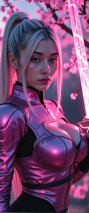 A woman in glowing armour, pink plates of armour protect her body, while delicate cherry blossom drifts gently down from a nearby tree. Her glowing sword dazzles with electrical arcing in the twilight of an atmospheric evening amazing quality, masterpiece, best quality, hyper detailed, ultra detailed, glowing pink, perfect anatomy, blurry background, outdoor, cherry blossoms, fog, studio lighting, bright foreground, face to viewer, glowing(pink hybrid white) Armour, female, holding, sword with electrical shine carving, ponytail, glowing, shine, dazzling. Amidst the haunting atmosphere, her elegant posture exudes enchanting contrast, inviting us into her mysterious world.,Fantasy detailers,ct-fantasitity,Fantasy detailers,dystopian,ct-style10,ct-blodolx