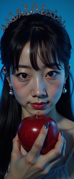 A cinematic close-up shot of a single girl with long, flowing hair and piercing blue eyes, gazing directly at the viewer. Dimly lit, the scene is bathed in misty, realistic lighting that accentuates her features. Her bangs frame her face as she holds a juicy red apple, its sparks catching the light. Chiaroscuro highlights the contours of her upper body, where she wears elegant earrings and a delicate crown. Freckles dance across her cheeks as her lips curve into a subtle smile. The blue background adds depth to the composition, with the dark tones creating a sense of mystery., ct-jissoo,ct-amantity,ct-chasartre,ct-hyuntity