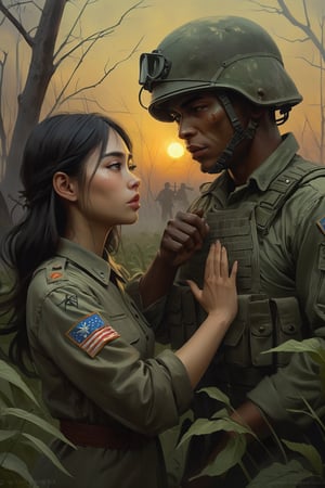 Highly detailed, High Quality, Masterpiece, An illustration, bestquality, best aesthetic, digital painting, ((oil painting)), (close-up upper body:1.5), [: a vietnan war concept art,Vietnamese girl bringing his hand closer to the face in a loving gesture to an american rude soldier ,in an abandoned leafy field with war fog], sunset, raw love scenne, greg rutkowski,DonMn1ghtm4reXL