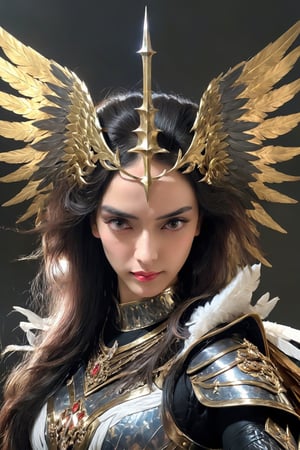 Realist portrait of Queen, beautiful face, cool vibes, goddess of genesis, masterpiece, painting darkly comedic precisionist, goddesscore armor, queen of sword, latex uniform, epic, ((Large Angle Wings)), aw0k magnstyle, danknis, sooyaaa, Anime , IMGFIX, niji style,sooyaaa,dlwlrma,IMGFIX