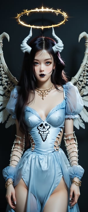 1girl, solo, long hair, breasts, looking at viewer, dress, medium breasts, wings, horns, puffy sleeves, halo, grey skin, skeleton, black lips