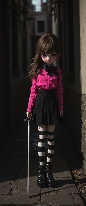 a female doll stands in a dark alleyway, holding a sword in her right hand. She is dressed in a pink long-sleeved shirt, a black skirt, and striped socks. Her hair is a vibrant shade of brown, and her eyes are a piercing blue. She has a black bow tie around her neck, adding a pop of color to her outfit. Her left hand is positioned in front of her body, while the right hand is resting on her hip. Her shadow is cast on the wall on the right side of the image.