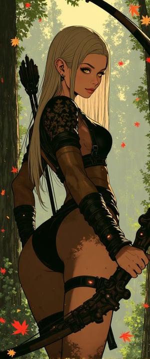 fantasy stylized illustration, elven female archer, profile view, full body shot, masterpiece, high detail, cinematic composition, dramatic lighting character details: elven woman, long blonde hair flowing in wind, pointed ears, serious and focused expression, eyes fixed on target, anime, cyberpunk, ne0nfant4sy, Anime style. pose: archer in full draw position, bow pulled back, arms taut, body angled for perfect form armor: light leather armor with leaf motifs, form-fitting for mobility, arm guards on wrists, quiver on back weapon: ornate wooden longbow, intricately carved with elven designs environment: dense forest backdrop, dappled sunlight filtering through leaves, autumn colors, falling leaves in foreground lighting: golden hour sunlight, rays piercing through trees, creating a magical atmosphere mood: tense, alert, ready for action style: highly detailed digital painting, realistic fantasy, vibrant autumn colors additional elements: leaves and particles floating in air, lens flare effects, subtle magical aura around the archer, intricate elven patterns on armor and bow composition: character positioned on left third of frame, arrow pointing towards right side, creating dynamic tension
