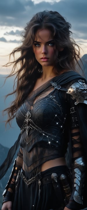 A majestic Renaissance-inspired scene unfolds as a lone female warrior stands atop a cloudy mountain peak, her long brown hair flowing down her back like a river of night. The dual weapons - sword and dagger - shimmer with bioluminescent accents, as if infused with the stars. Her armor and cape dramatically flow around her toned midriff and navel, subtly framing her breasts beneath her cuirass. Her eyes, piercing and beautiful, gaze directly at the viewer, exuding confidence and strength, as if daring anyone to challenge her dominance.