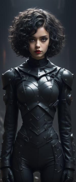 (by Loish, Leyendecker, james gilleard),  A full body shot of a young goth woman, short black curly hair, slightly smiling, one raised eyebrow, wearing a black metal cyborg suit , red lips, dark eye makeup, dark future battlefield background, ,heavy_jacket