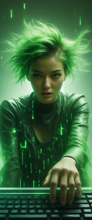 hacker with a shaved head and vibrant green streaks dyed into her remaining hair. Her fingers fly across a holographic keyboard, cracking the secure mainframe of a virtual world. A defiant smirk dances on her lips, her expression a mix of mischief and exhilaration.
,ct-virtual, ct-goeuun
