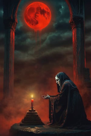A dying depiction of a menacing cult nun in a dark, atmospheric setting, at the cult altar  bathed in moonlight, waiting to collect tormented souls, with blood dripping from their hands. chiarosaur, element of terror. Dark and moody, with hints of red to emphasize the presence of blood. By renowned artists such as H.R. Giger, Zdzisław Beksiński, and Brom. Resolution: 4k.,,aw0k euphoric style,detailmaster2,DonMn1ghtm4reXL