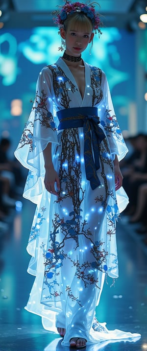 A futuristic fashion runway concept with a beautiful Caucasian woman in the center. She is wearing a traditional Japanese kimono witha futuristic twist. The kimono is made of translucent, glowing fabric and features wide, flowing sleeves, an elegantly tied obi sash, and a floor-length skirt. The garment is intricately embedded with LED patterns that showcase traditional Japanese motifs such as cherry blossoms, waves, cranes, and bamboo. The dress also has an ethereal, complex asymmetric blue pattern that glows and projects across the entire outfit. She has platinum blonde hair styled with straight bangs and an intricate braided hairstyle featuring a diamond pattern and multiple small braids. She is adorned with a large, gorgeous choker, and a floral headdress featuring an abundance of flowers in various colors. In her hand, she holds a traditional Japanese fan,kimonoFT,noc-futuristic,Mecha
t.,ct-chasartre,ct-bustyy2,ct-kbright,ct-chainb,ct-biskitity,ct-rosity,ct-smeraldity,ct-hyuntity,ct-leetity,ct-arix,ct-savaga,ct-muun,ct-vituajis,ct-identityV2