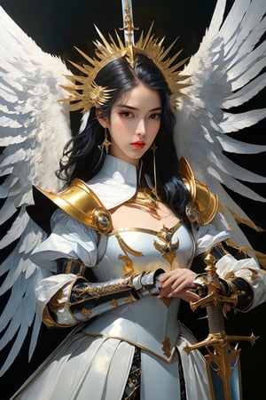 Realist portrait of Queen, beautiful face, cool vibes, goddess of genesis, masterpiece, painting darkly comedic precisionist, goddesscore armor, queen of sword, latex uniform, epic, ((Large Angle Wings)), aw0k magnstyle, danknis, sooyaaa, Anime , IMGFIX, niji style,sooyaaa,dlwlrma