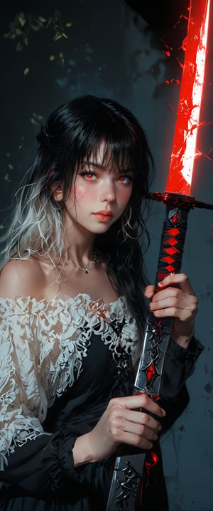 1girl, solo, long hair, looking at viewer, bangs, black hair, red eyes, holding, weapon, white hair, multicolored hair, shorts, huge sword, holding huge  weapon, holding sword, black shorts, huge sword, luminiscent, glow_in_the_dark,holy sword, glowing cross

