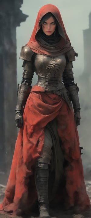 masterpiece, biomechanical legs, combat nun warriror, angry ,, stands arms on hips, red hood, combat ready in an dusty city post apocaliptic ruins, covered in dust, antion shot, movie still, volumetric light, dark and moody style, tense athmosfere, intrincate details, ultra high detallieded, Shattered Armor, rainy, mud,digital artwork by Beksinski,hubg_mecha_girl,darkart,princess,scenery,latex princess,mlmnr style