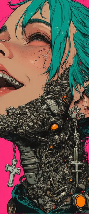 A futuristic young woman with an edgy, cyberpunk vibe gazes with a wide smile. Her face is adorned with a blend of human and robotic elements — her mouth revealing metallic teeth and mechanical components along her jawline and neck. Piercings and silver chains add to her alternative style, and large cross-shaped earrings dangle from her ears. Her tattooed neck merges into a metallic, cyborg-like structure, while her bright teal hair contrasts with the neon-pink background. .,ct-colority
,style of Mattias Adolfsson,ct-skyzo_identity