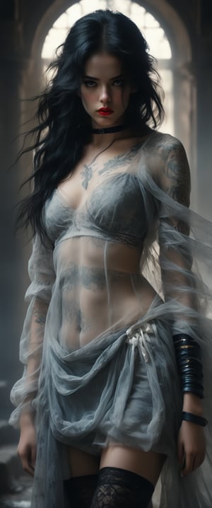 In a Renaissance-inspired setting, a heavenly beauty, reminiscent of an angel by Nicola Samori, is portrayed in a masterpiece of art. A solo figure with long, black hair cascading over one eye, this 1girl stands out in the best quality: 1.4 rendering. Her medium-sized breasts are adorned with underwear and a choker, while thigh-highs add to her alluring presence. She holds a katana sword with confidence, its sheath attached to her hip. A bold arm tattoo wraps around her limb, complemented by red lips and subtle makeup. The overall composition is a stunning representation of beauty and strength, as this heavenly angel strikes a powerful pose, her long hair flowing behind her like a cloak of elegance.,dcas_lora