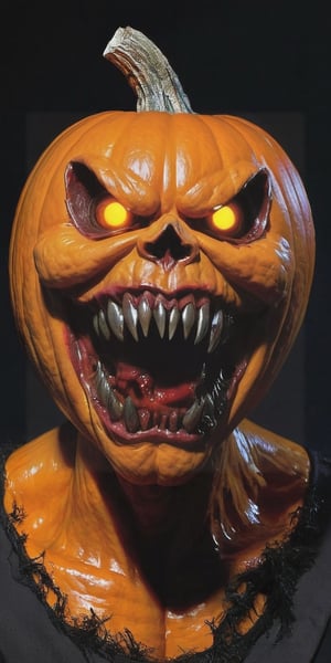 a pumpkin monster creature . Its body combines twisted metal with pulsating flesh. .  grotesque face , with metallic jaws, glowing eyes, and rows of sharp teeth . dark tense and unsettling atmosphere, wearing a cap .sending a postcard,.office, cap, reflections, full bodyblood,fear,  By renowned artists such as ,, Francis Bacon, . Resolution: 4k.,,aw0k euphoric style,HellAI,monster,JPO