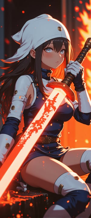 Warrior's Vigilance: A dynamic scene featuring a female warrior with flowing black hair, donning a white helmet and blue-white armor, gripping a fiery red sword in both hands. Her left leg is flexed at the elbow, while her right leg rests on the ground. The sword's crimson blade gleams before her, as she holds it steady, her right hand positioned near her temple, and her left hand resting against her right arm. A burst of flames crackles behind her, set against a darkened backdrop, .,n30nfilm