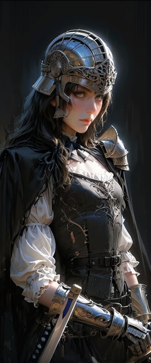 score_9, score_8_up, score_7_up, (sketch drawing),  (Misterious mood), beautiful young woman, , , highly detailed, masterpiece, upper body, finely detailed skin, perfect small breasts,(1girl, solo, gloves, holding, weapon, belt, sword, fingerless gloves, cape, holding weapon, armor, gradient, torn clothes, holding sword, helmet, shoulder armor, gauntlets, facing viewer, cloak, breastplate, black cape, over shoulder, weapon over shoulder, sword over shoulder
), Fine art style,Expressiveh,portrait art,dark, ,concept art,B0ld01lp41nt,dark theme,charcoal \(medium\),photo_b00ster