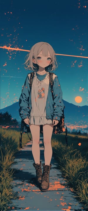 a medium-sized anime girl stands in front of a window(night). She is wearing a light-colored dress, adorned with a floral pattern, and a pair of brown boots with laces on them. Her hair is short, cascades over her shoulders, adding a touch of warmth to the scene. The girl's dress is adorned with small orange stars and a blue shirt with a white design on it, she is wearing a luminiscent and transparent cristal backpack,glowing. She stands on a concrete sidewalk, her left leg is crossed, and her right leg is slightly bent at the elbow. Her left foot is crossed at the knee, while her right foot is straight at the bottom. The backdrop is a vast expanse of grass, with a mountain in the distance. The sky is a deep blue, and the moon is setting, creating a soft glow.