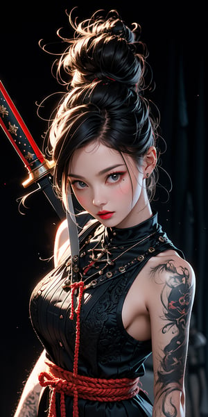 a girl ,dinamic pose ,holding a sword, in the style of cybergoth, red threads, midwest gothic, organically inspired body art, nu-goth, made of all of the above, suburban gothic ,style expressive,Samurai girl